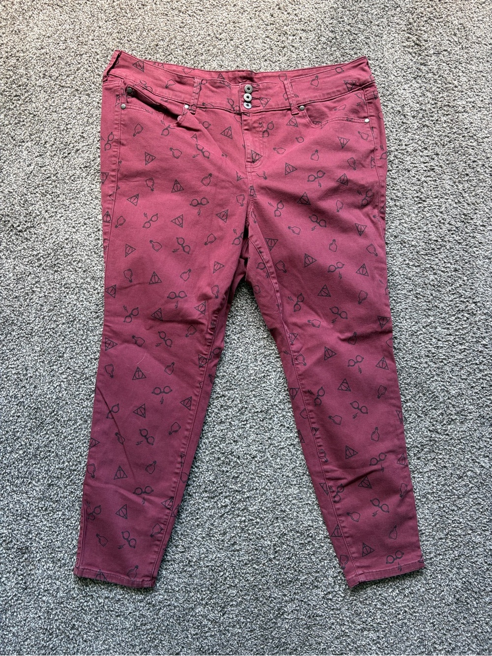 Women’s Harry Potter Burgundy Ankle Jeans with Subtle Deathly Hallows Print